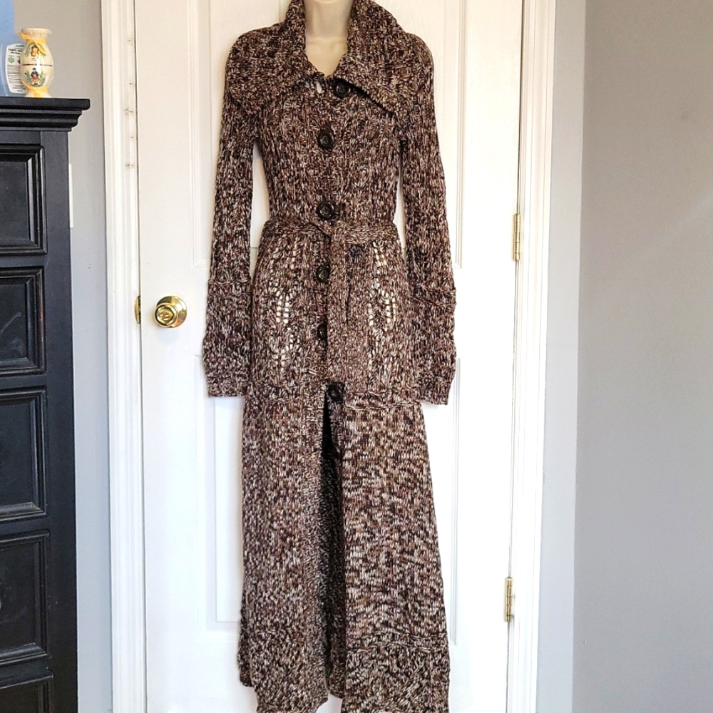 Full length boho brown open knit maxi button up duster cardigan sweater small